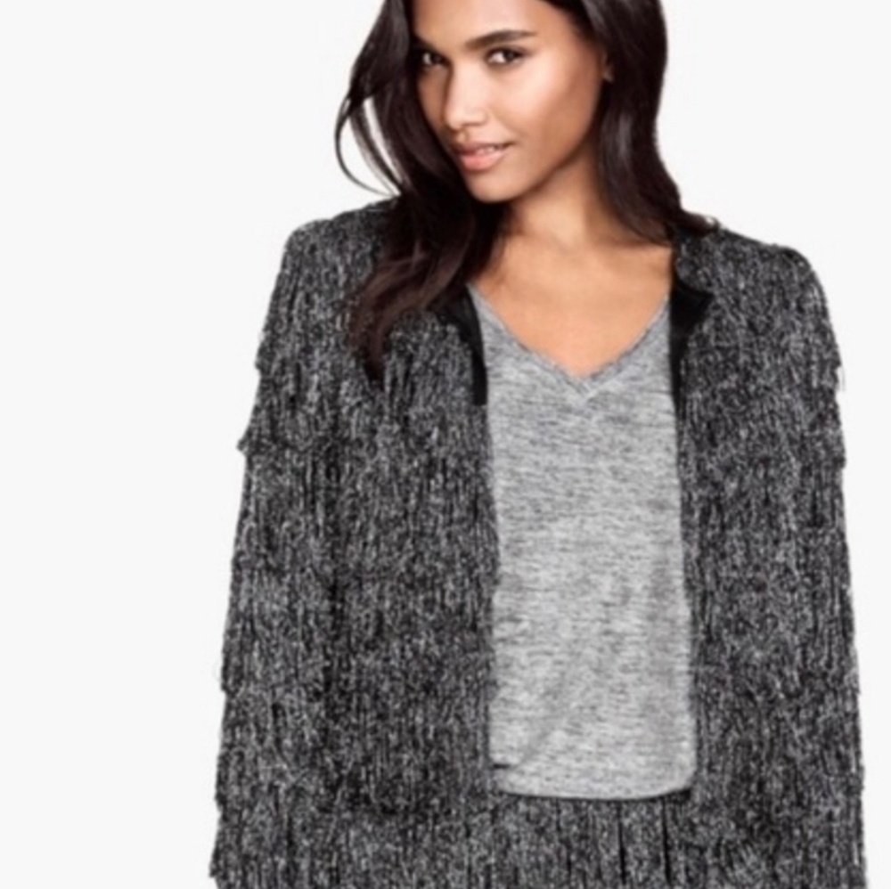 H&M Black and Silver Fringe Cropped Open Jacket size 8